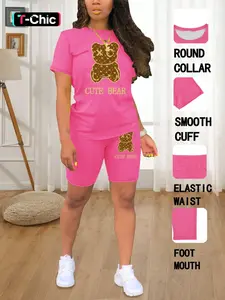 Summer Round Neck Short Sleeve Plain Printed T-Shirt Shorts Set Outfit, Casual Matching Set, Casual Fitted Cartoon Pattern, Women's Fashion Womenswear Clothes