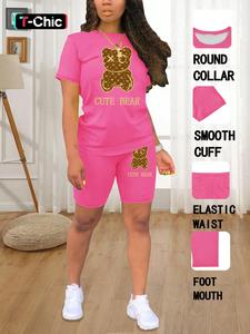 Summer Round Neck Short Sleeve Plain Printed T-Shirt Shorts Set, Casual Fitted Cartoon Pattern, Women's Fashion