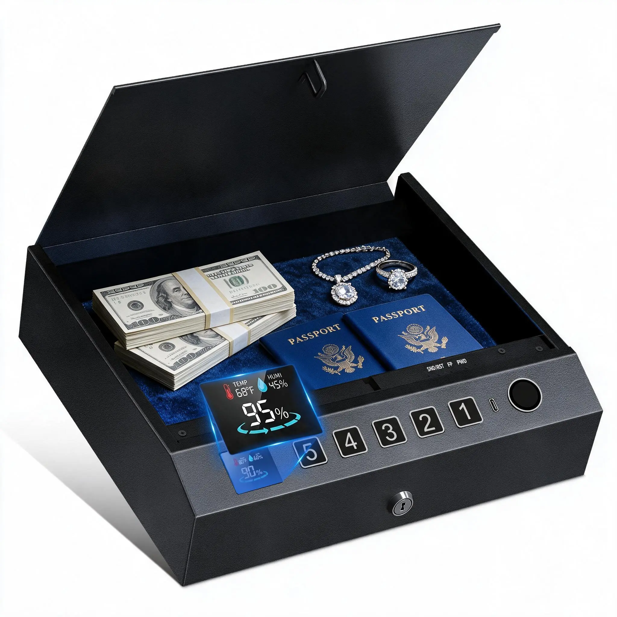 [Summervibes] CTSAFEPRO Fingerprint Gun Safe - 1-Second Quick Access, 3 Unlock Modes, LED Light, Temperature Display, Anti-Theft Security Cable, Steel Body, LED Screen, Wall Mount - Portable Power Bank for Nightstand, Home Protection, Carbon Steel