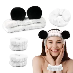 4pcs Face Wash Headband, Skincare Headband Wrist Bands For Washing Face Set Spa Hair Bands come with a Hair Scrunchie, Cute Panda Elastic Headband, For Face Washing Makeup Skincare (Black and White) Comfortable Soft