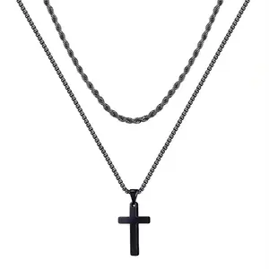 LuckyJewelry B Black Layered Cross Necklace for Men Simple Trendy Cute Cross Charm Chain Necklace Easter Basket Stuffers Baptism Religious Faith Jewelry Gift