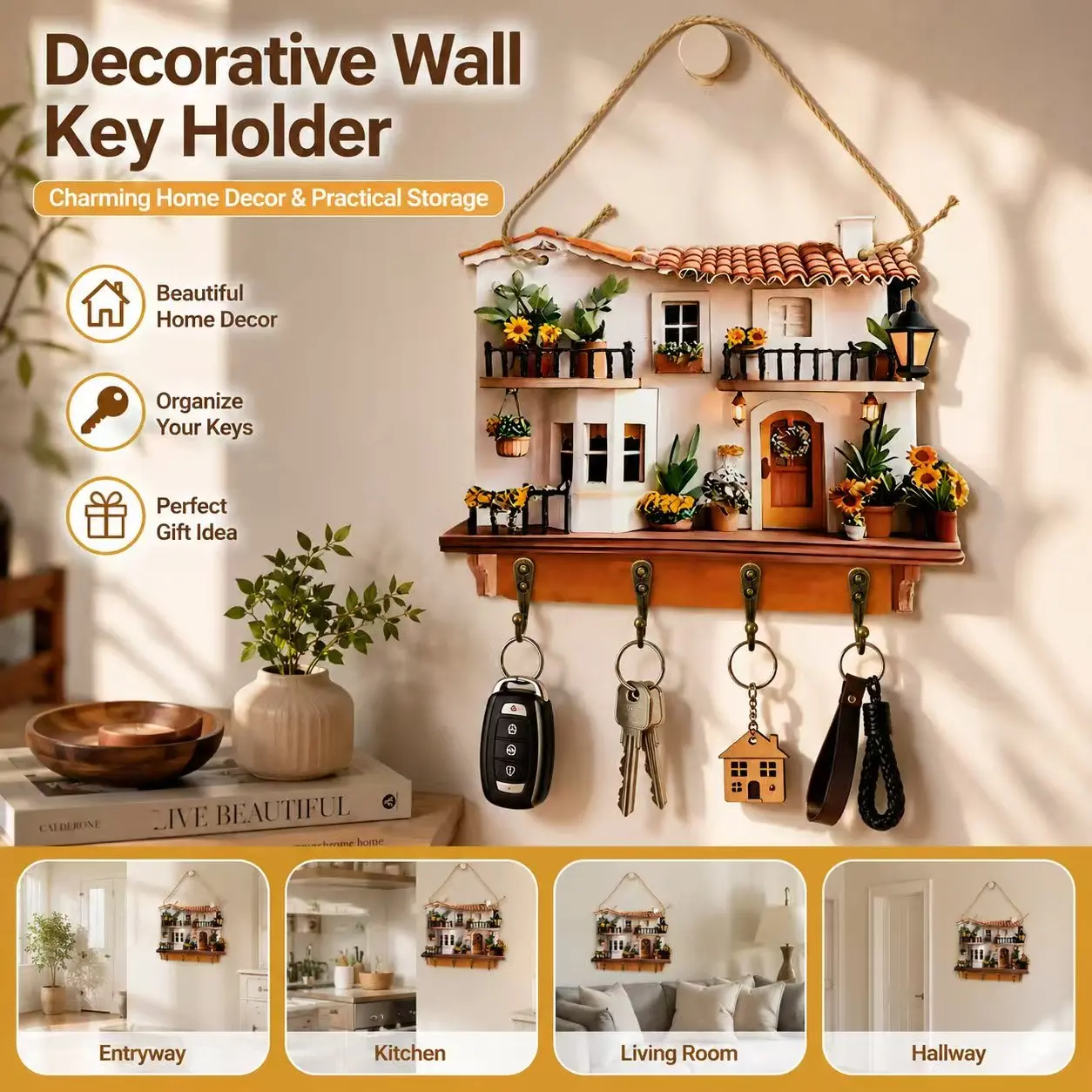 Home Sweet Home Key Holder with 5 Studly Hooks Charming House Design for Entryway Living Room Kitchen Office Decor