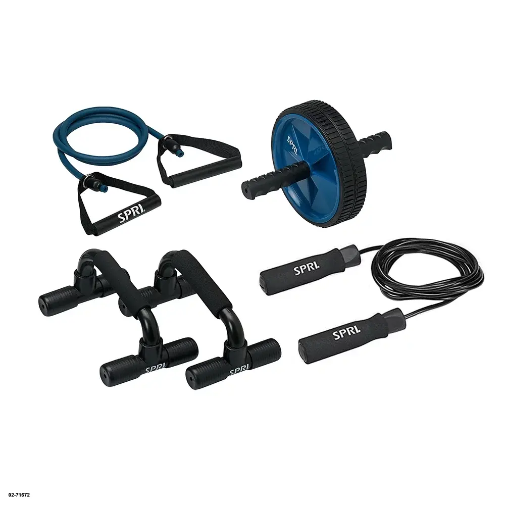 SPRI Home Gym Essentials Kit, Includes Jump Rope, Push-Up Bars, Ab Wheel and Medium Resistance Tube Fit for Life LLC
