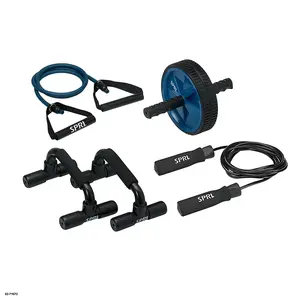 SPRI Home Gym Essentials Kit, Includes Jump Rope, Push-Up Bars, Ab Wheel and Medium Resistance Tube Fit for Life LLC