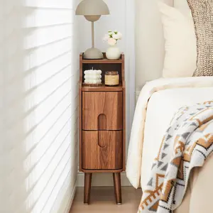 Giratree Narrow Wooden End Table with 2 Drawers, Small Nightstand for Bedroom, Compact Vintage Side Table for Living Room or Small Spaces