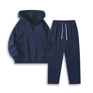 Men Casual Solid Color Half Zip Hoodie Straight Leg Pants Two Piece Set 2026 Drawstring Waist All Season Daily Gray Comfortable Versatile Quarter Zip