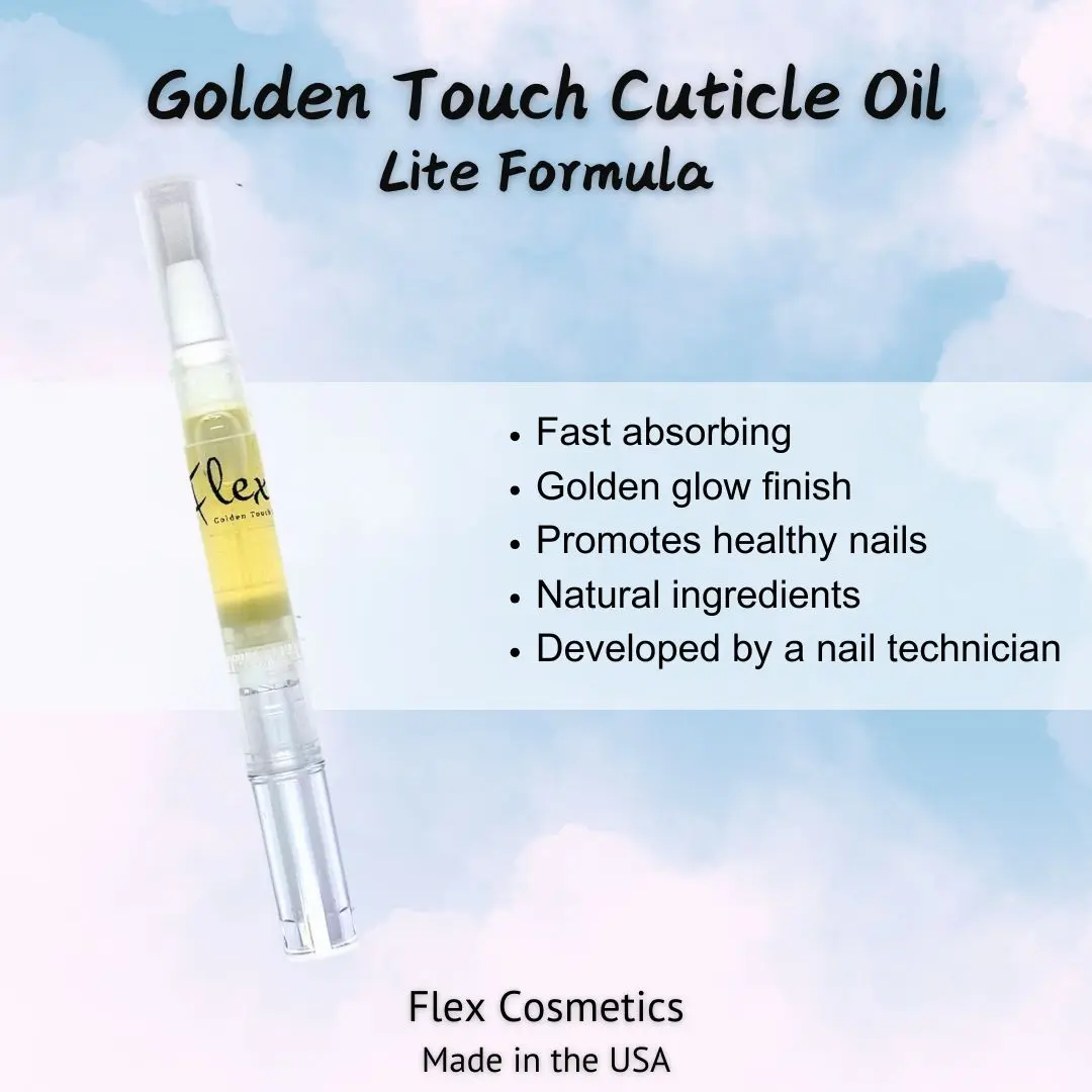 Lite Golden Touch Cuticle Oil - USA made with Natural Oils and Vitamin E for healthy nails, lightweight formula, by Flex Cosmetics Unscented & Scented