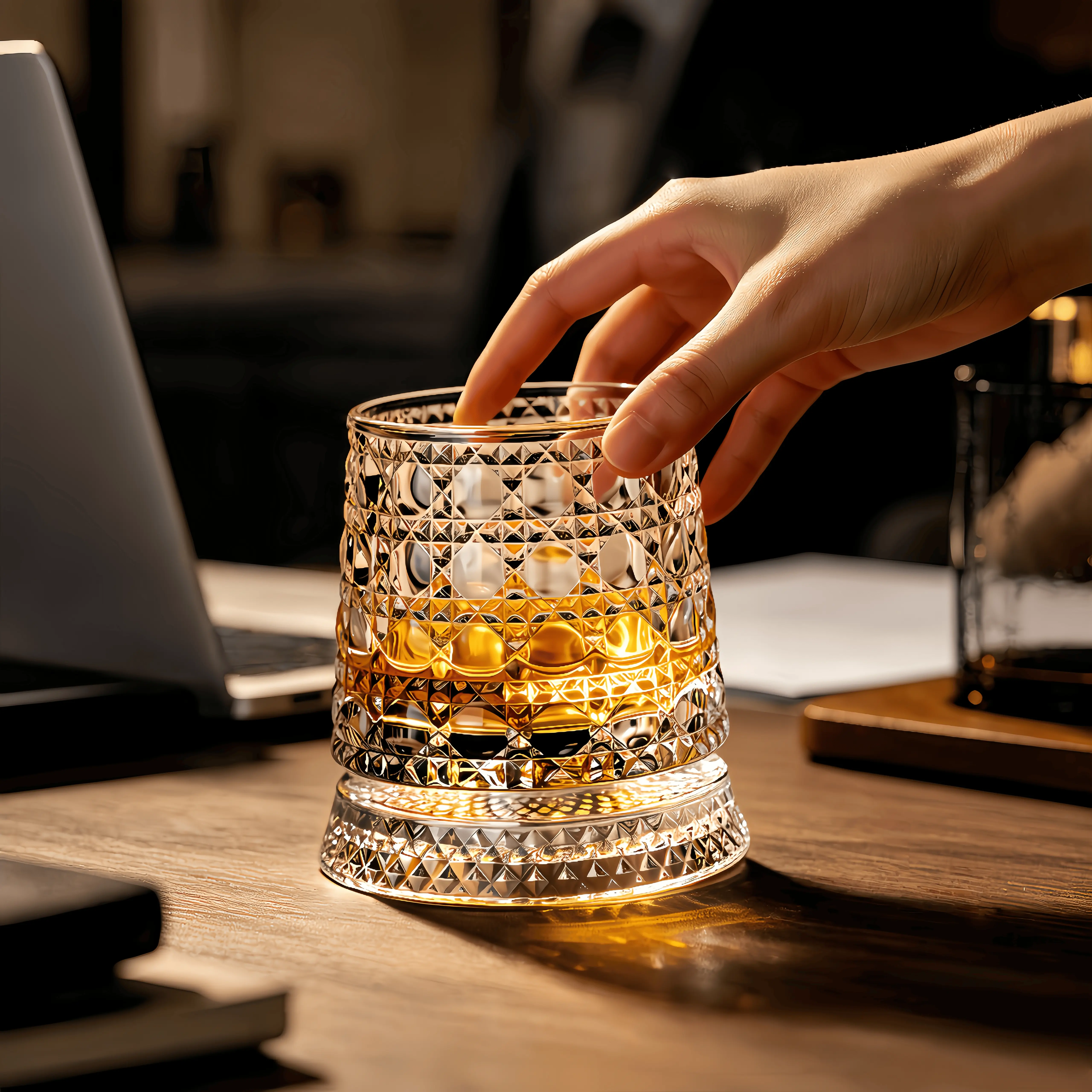 Premium Rotating Glass Cup - 360° Spinning Geometric Diamond-Cut Whiskey Glass, Non-Slip Base, Stylish Premium Drinking Glassware, Home Bar Accessory & Unique Gift for Spirits Lovers, Premium Drinking Glasses