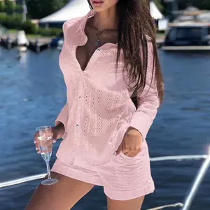 ChicMe Women's Eyelet Embroidery Buttoned Top & Pocket Design Shorts Set