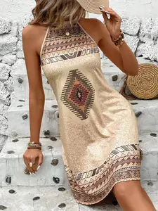 Women's Bohemian Style Sleeveless Dress, Ethnic Pattern Fitted One-Piece Short Dress, Boho Casual Wear Summer Fashion, Made in China, Bohemian Summer Dresses, Womenswear