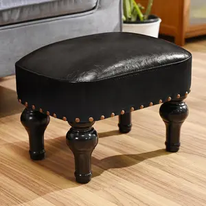 Leather Footrest  Ottoman,Rustic Foot Stools Seat,  Footstool,Rectangle Footrest Small Ottoman for Bedroom, Living Room, Office,Entrance Hall (Black)
