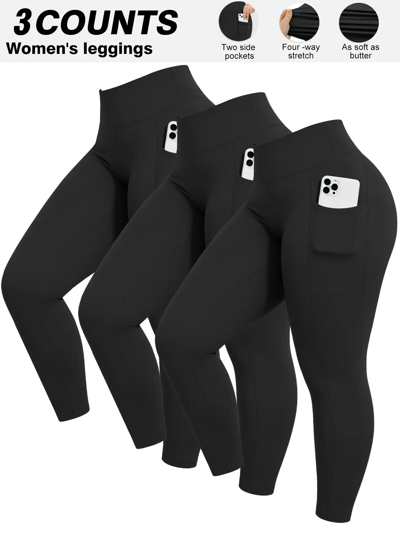 Plus Size High Waist Yoga Leggings Tummy Control Squat Proof Pockets Soft for Summer Spring Vacation Workout 3-Pack  ,   Gym Activewear