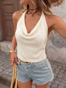 2026 Summer New Women's Solid Color Halter Neck Backless Fitted Sexy Comfortable Versatile Womenswear Knit Top