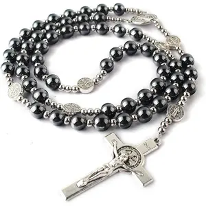 Hematite Rosary Necklace for Men and Women, Black Stone and Stainless Steel Beads, 48cm Length