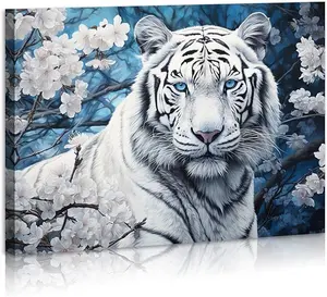 White Tiger Wall Art Tiger Face Portrait Framed Canvas Print Wall Art Flower Tiger Teen Girls Art for Living Room Home Bedroom Decoration Modern Framed Artwork Decor Ready to Hang Poster Ornaments Artistic Hanging Photo