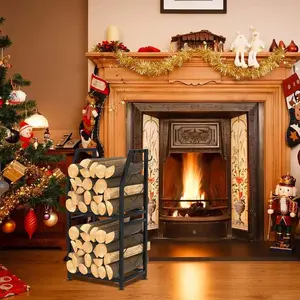 Firewood Rack for Indoor, 2-Tier Firewood Holder with 3 Hanging Hooks, Heavy Duty Wood Rack for Outdoor Patio, Black