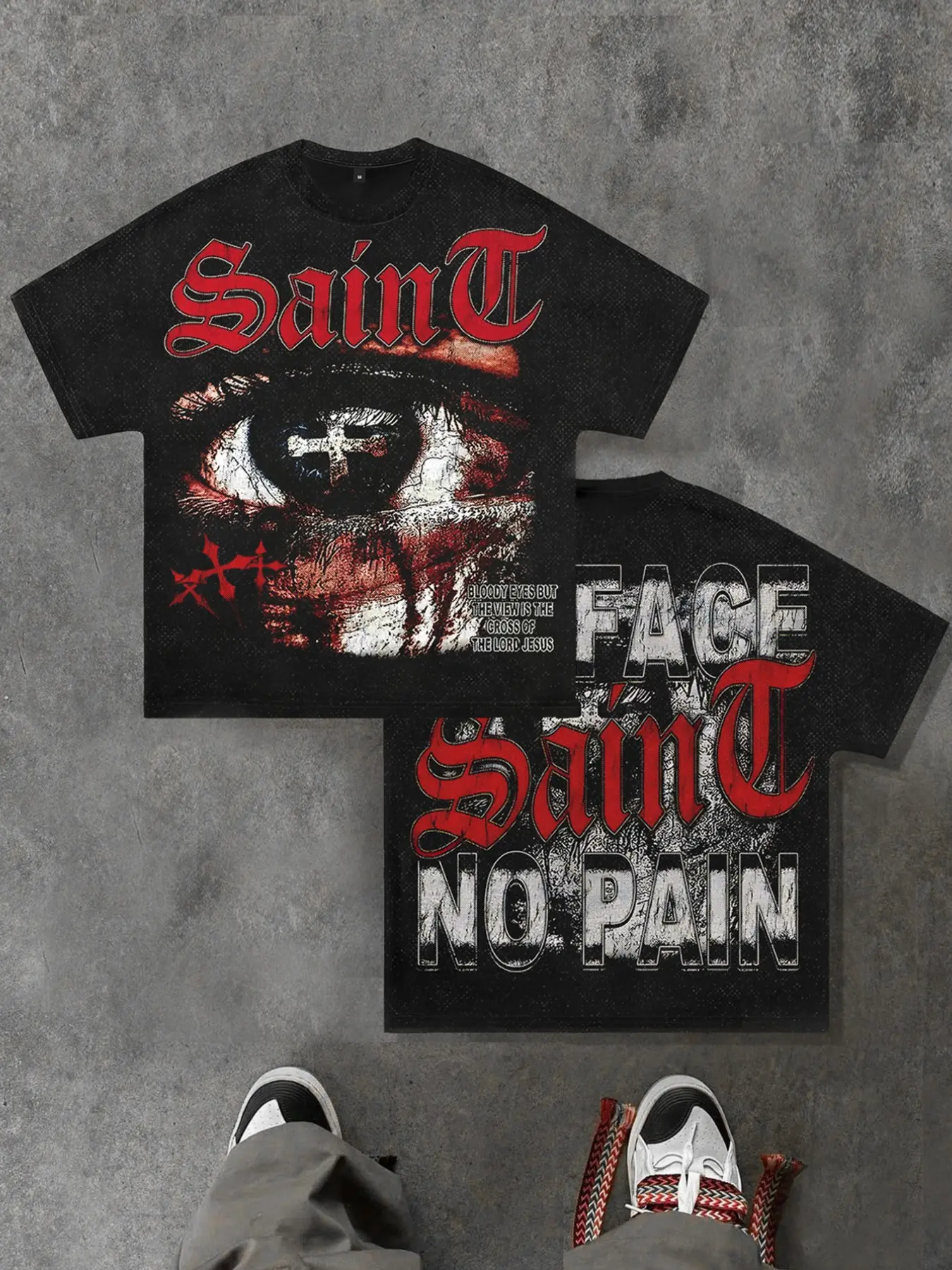 Saint's cross eyed yinhua loose short sleeved Crewneck t-shirt Print, Unisex, bat sleeve shirt, loose fit, European and American street fashion Streetwear brand, American retro Vintage 2026 summer black shirt, trendy brand, Menswear