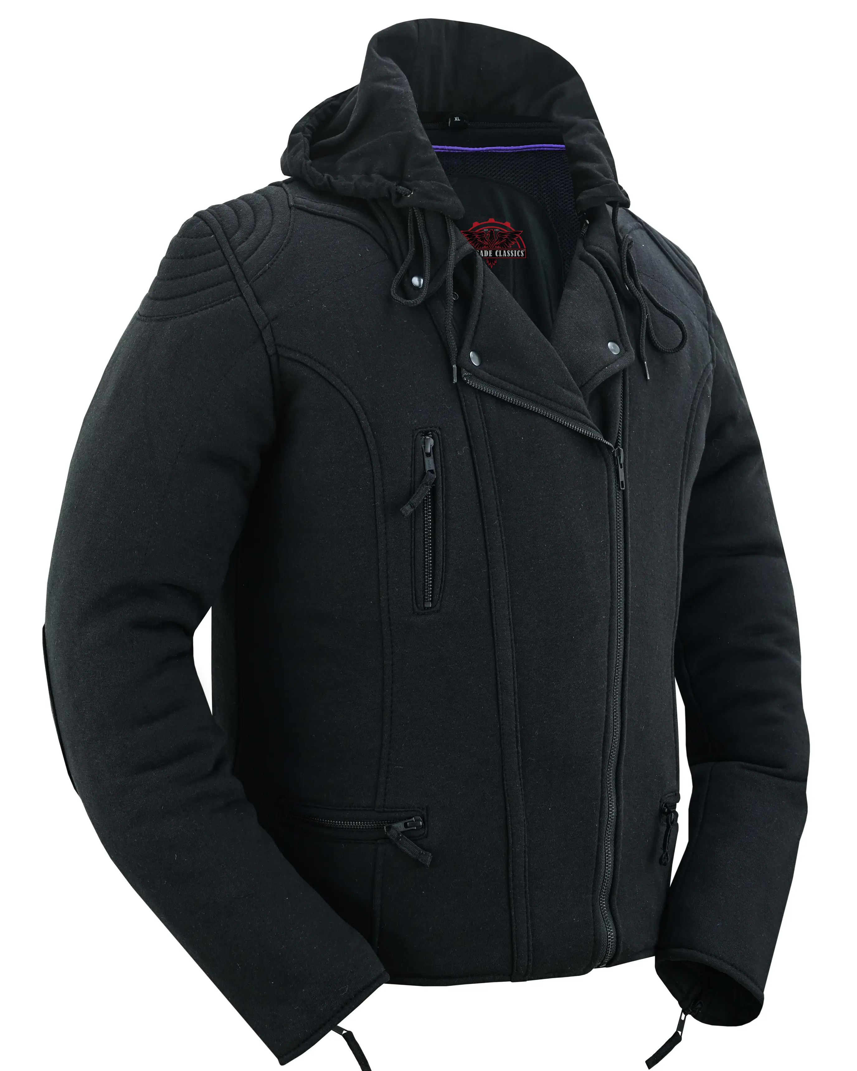 RENEGADE CLASSICS Women's Windy Soft Shell Motorcycle Jacket, Biker Style Top with Removable Hoodie, Mesh Lining, and Interior Belt, Tops, Sleeves, Pocket, Coats, Lady, Asymmetrical, Biker Look, Zipper, Long Sleeve, All Black