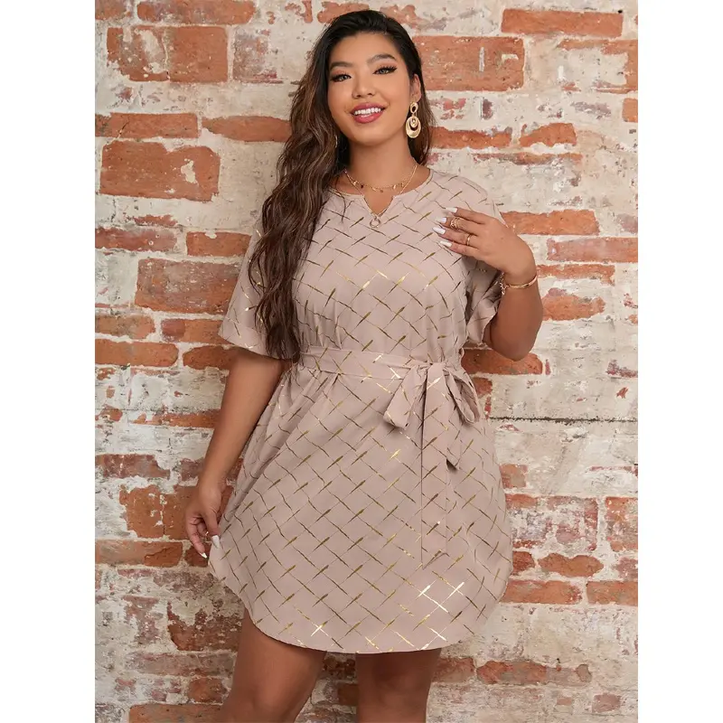 Plus Size Notched Neck Belted Grid Print Frock for Women Flattering A-line Cut Gold Foil Plus Size Notched Neck Belted Grid Print Frock for Women Flattering A-line Cut Gold Foil