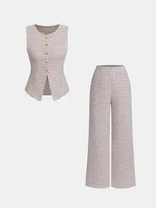 2 Piece Light Pink Striped Crew Neck Sleeveless Button Front Vest + Elastic Waist Wide Leg Pants Sweet Fit Set Everyday Womenswear