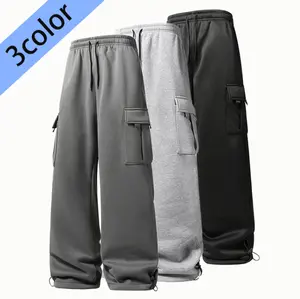 2026 New Brushed Long Pants 235g Autumn Winter Men's Solid Color Multi-Pocket Cargo Pants Daily Versatile