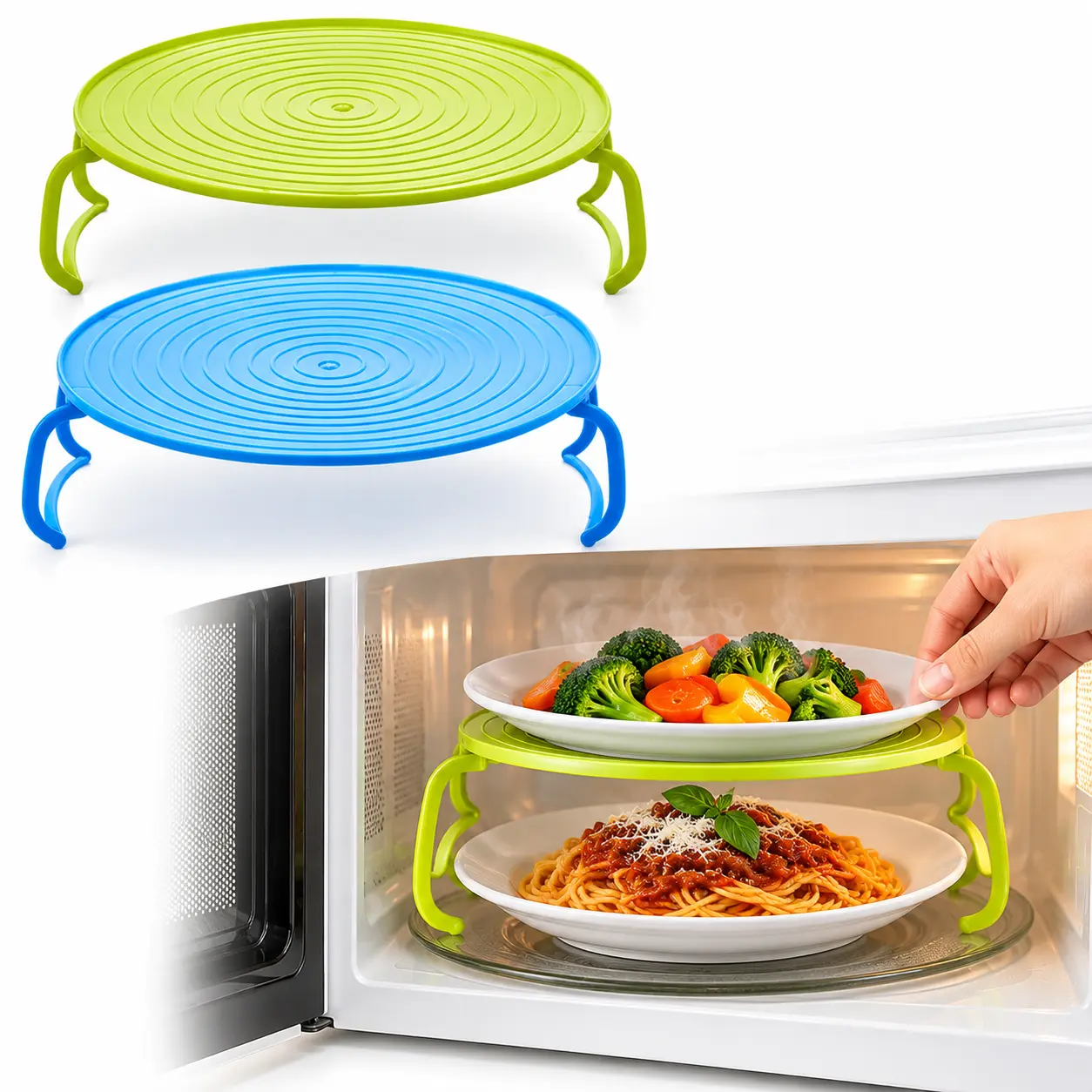 Microwave Plate Stacker, 3-in-1 Plastic Microwave Plate Holder Food Splatter Cover Carrying Tray with Foldable Handles for Bowls, Plates