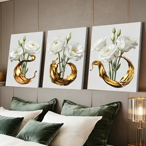 3 Counts Wooden Framed Canvas Painting, Elegant White Flower And Golden Liquid Art Images, Exquisite Poster, Perfect Gift, Decor For Living Room, Bedthroom, Modern Art, Fashion Family Poster, Wall Art Decoration