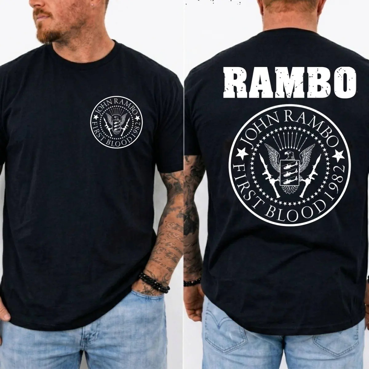 John Rambo First Blood 1982 Circle Emblem T-Shirt, Vintage 80's Movie Graphic Tee For Fans, MADE IN USA