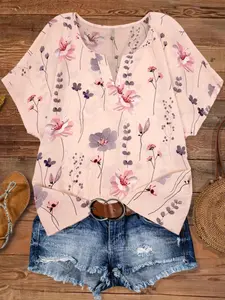 Plus Size Women's Floral Print Blouse, Loose Fit V Neck Batwing Sleeve Shirt, Casual Summer Outerwear, Beach Vacation, Daily Wear