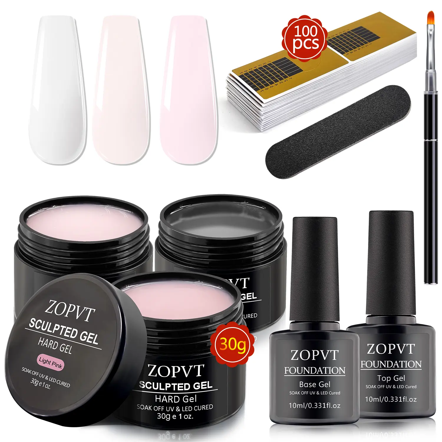 Zopvt Nail Extension Gel Set, 10-In-1 Hard Gel Kit with Base Coat & Top Coat, 100pcs Nails, Brush & File Included, Nail Art Kit, Perfect for Home DIY Manicure