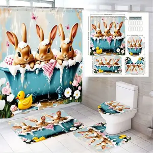 1/4pcs Easter Bunny Clawfoot Bathtub Shower Curtain Set with Matching Toilet Seat Cover and Bath Mats, Bathroom Decoration Accessories - Spring Bathroom Decor Featuring Bunnies, Floral Accents, and Vintage Teal Tub Design