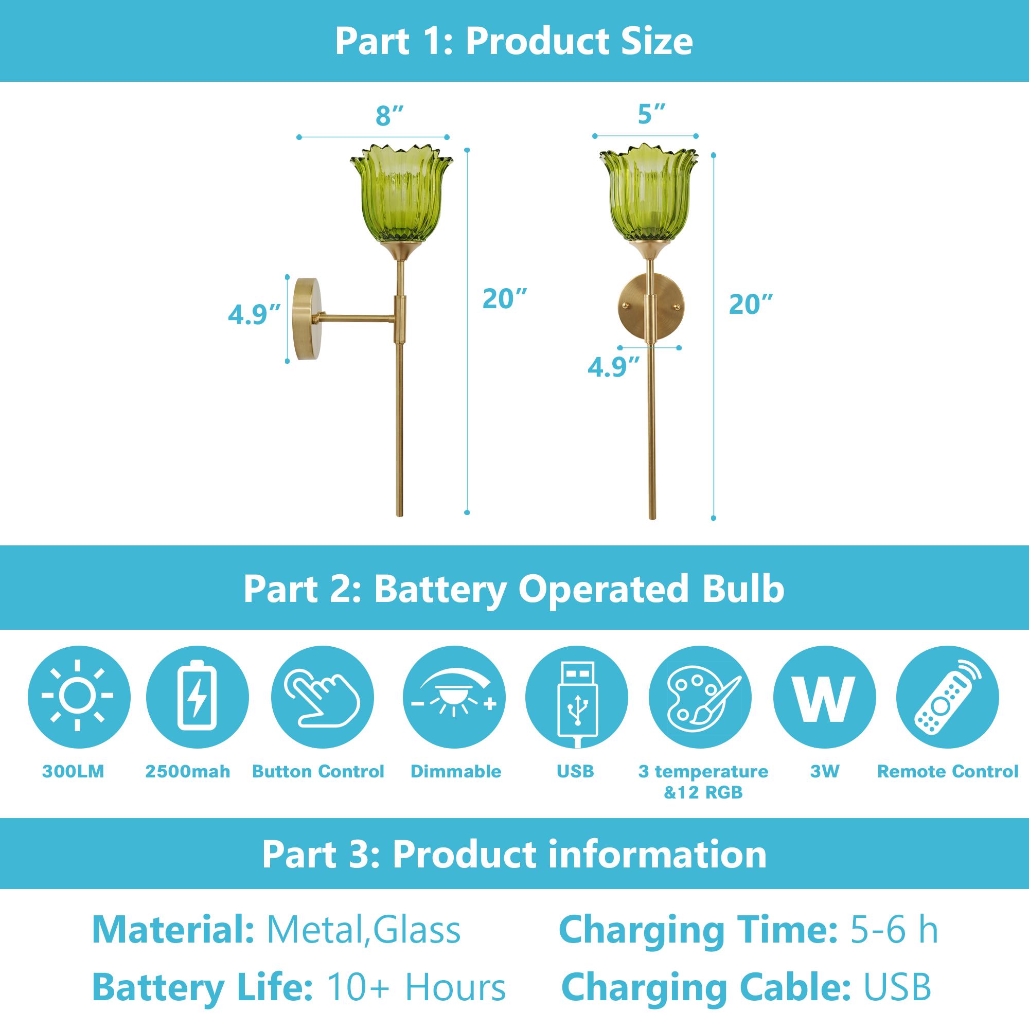 2-Pack Gold Wall Sconces with Green Glass Shade, Hardwired Indoor Wall Light Fixtures, Rechargeable RGB Magnetic Bulbs with Remote Control, 3Temperatures for Living Room, Bedroom, Hallway, Dining Room 2-Pack Gold Wall Sconces with Green Glass Shade, Hardwired Indoor Wall Light Fixtures, Rechargeable RGB Magnetic Bulbs with Remote Control, 3Temperatures for Living Room, Bedroom, Hallway, Dining Room