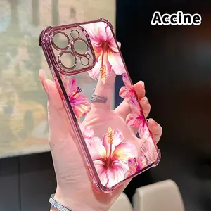 Four Corner Anti-Fall Blossoming Hibiscus Grace Pattern Phone Case for iPhone 16 Pro Max 15 Plus 14 13 12 11 E Shockproof Transparent Electroplated Protective Cover