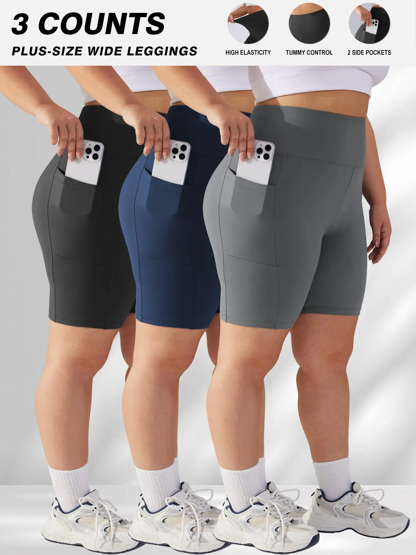 Plus Size Women's 3-Pack High-Waisted Cycling Shorts, Shorts With Pocket, Phone Pocket Sports Yoga Pants, Side Pockets for Phones, Workout Bottoms, Shorts Sportswear