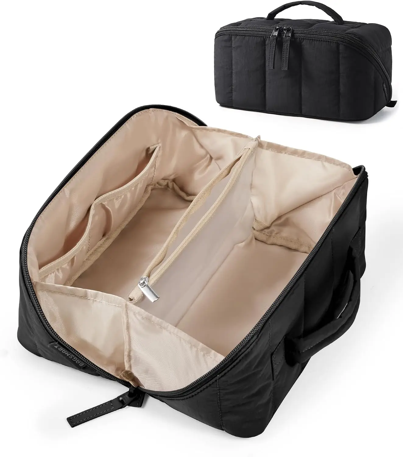 BAGSMART Women's Puffy Travel Makeup Bag, Open Flat, Water Resistant, Black | Toiletry Bag, Portable, Puffy Padded, Make Up Organizer, For Toiletries, Brushes