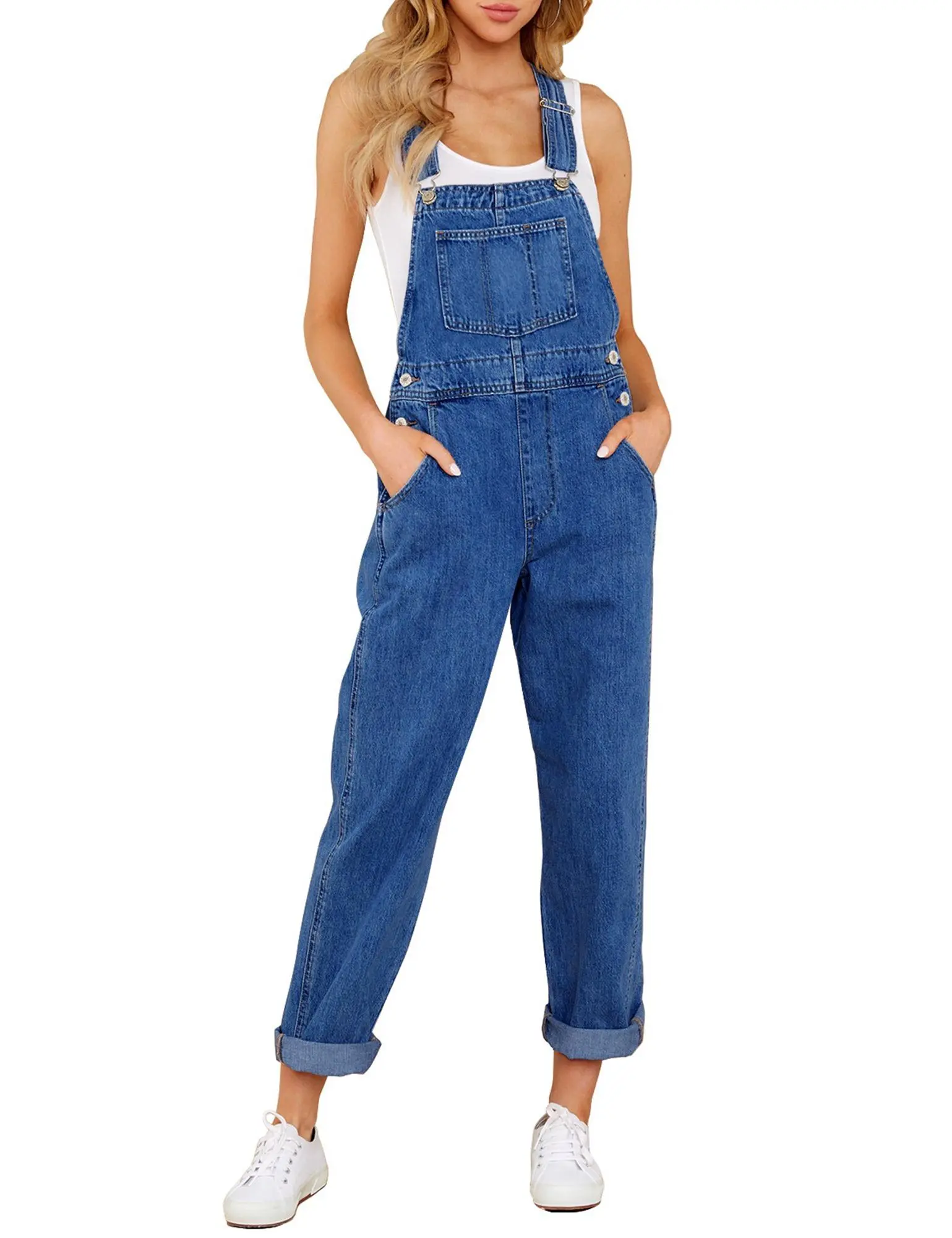 GRAPENT Women's Denim Bib Overalls, Casual Loose-Fit Plain Polyester Elastane Jumpsuit with Adjustable Straps, Overall Jeans Pants, Denim Blend, Side Pockets, Stretch Fabric, Strappy, Button