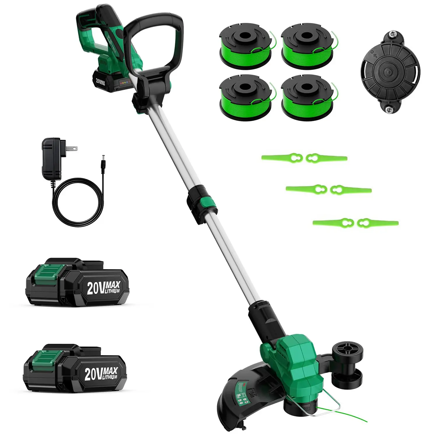 KIMO 12-in Cordless Weed Wacker Grass Cutting Tool, Battery-Operated Garden Grass Cutter with 2 x 2.0Ah Batteries, 2-in-1 String Trimmer & Lawn Edger Trimmer, Charger, Wheels, 6 Replacement Spools