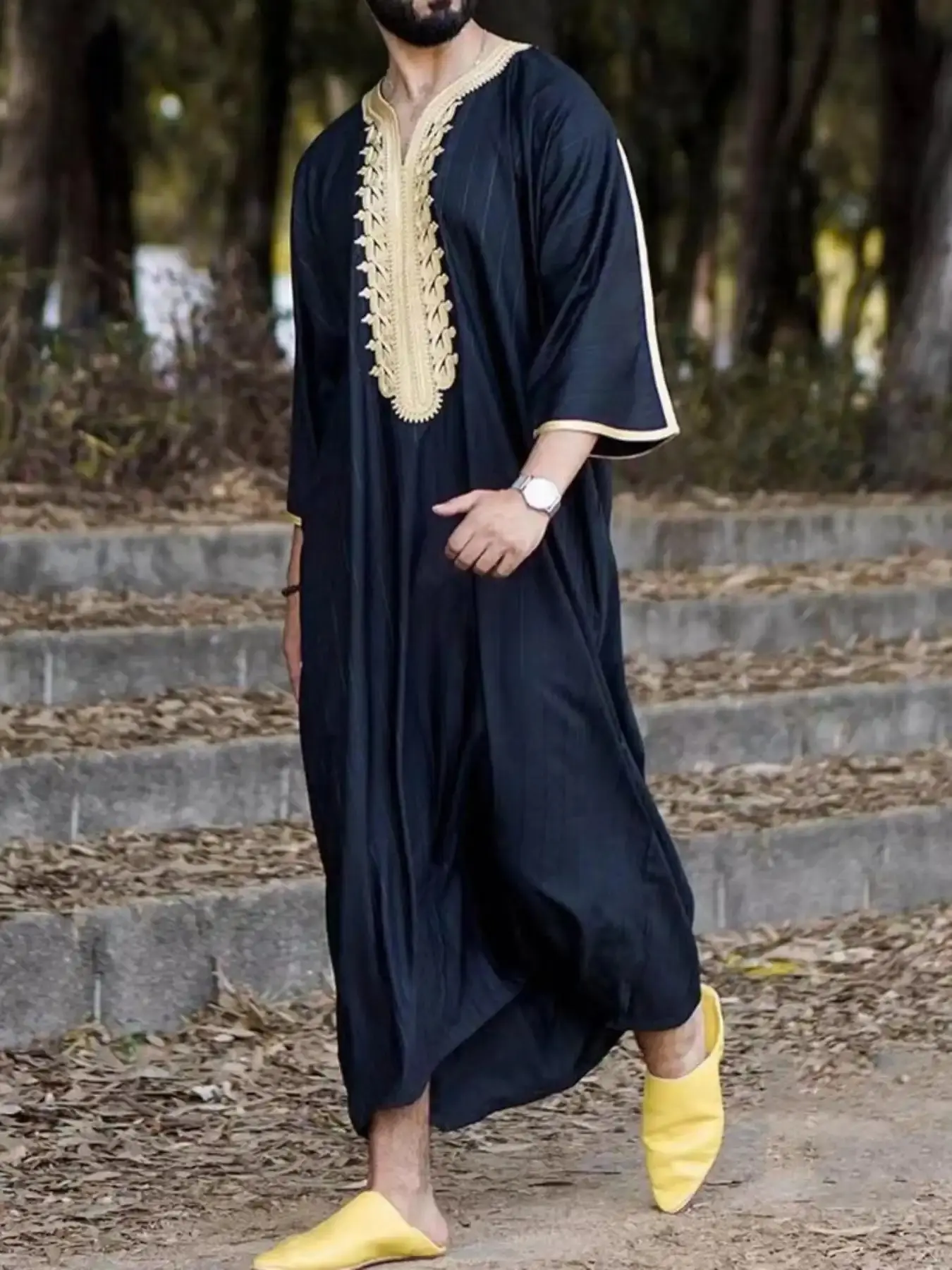 Men's Embroidered Kaftan Notched Neck Loose Fit Pakistani Islamic Abaya Gown Cultural Wear, everyday wear, must have item, trendy style, essential piece, wardrobe staple, wardrobe essential, must have piece