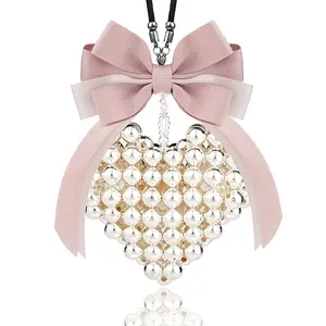 Premium Pearl Heart Car Charm Set  Dusty Pink  Black Bow Mirror Pendants for Women Luxury Car Accessories