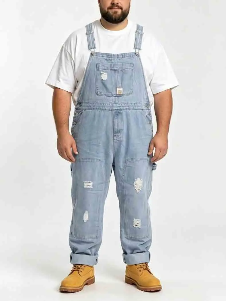 Men's Big and Tall Ripped Denim Bib Overalls, Adjustable Straps Multi Pocket Relaxed Fit Workwear Jumpsuit Menswear Breathable Casual Classic