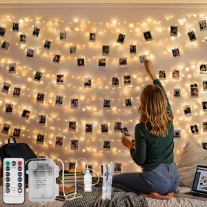 Suddus 33 ft 100 LED fairy lights with clips for pictures, photo lights with remote, USB powered and battery operated, with 45 clear clips, string lights for party, bedroom, decoration, warm white
