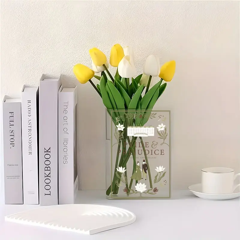 1pc Acrylic Flower Vase, Clear Acrylic Vase, Decorative Vase, Transparent Pride & Prejudice Themed Book-Shaped Acrylic Vase for Home Decor, Home Decor for Spring and Summer, Book-Style Vase For Bookshelf, Decor for Bedroom, Office