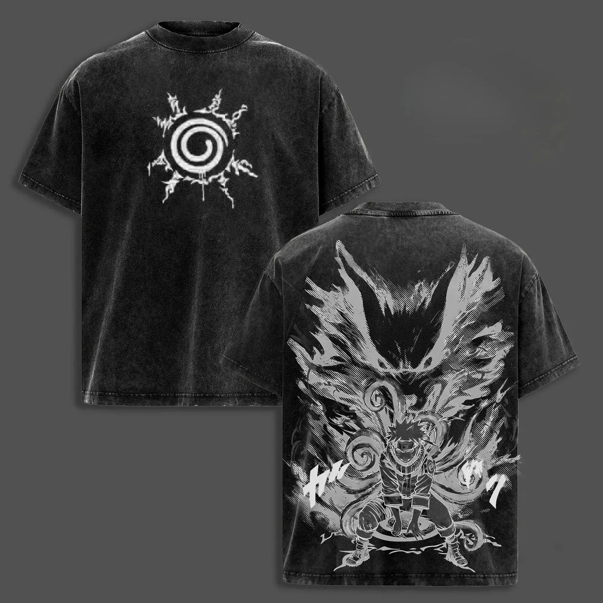 Women's Naruto X Kurama Vintage Washed Cotton Round Neck Short-Sleeve Apparel T-Shirt, Double-Printed Heavyweight Oversized Streetwear Top, 90s Retro Unisex Anime Fan Father's Day Gift, Shortsleeve
