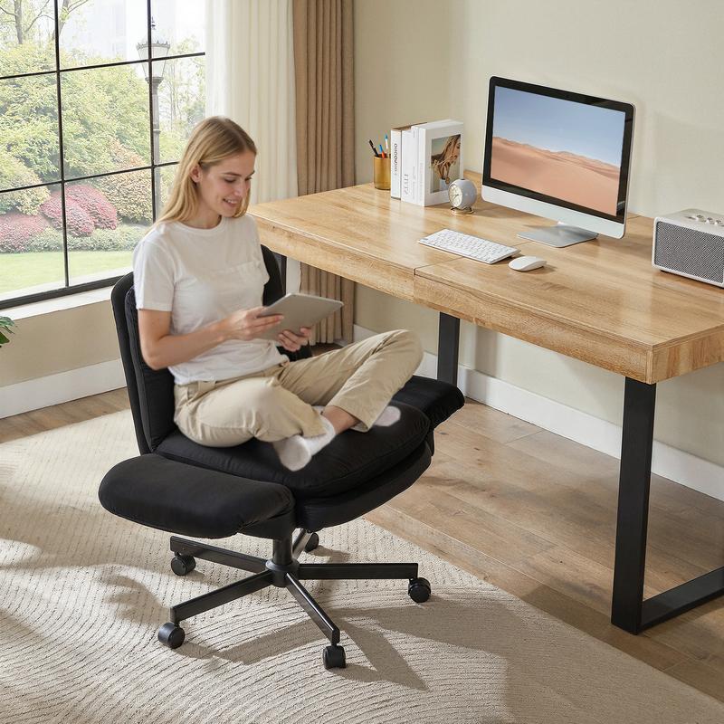Ergonomic Cross-Legged Office Chair with Flip-Up Arms, Swivel Wheels & Adjustable Backrest for Computer Office Desk