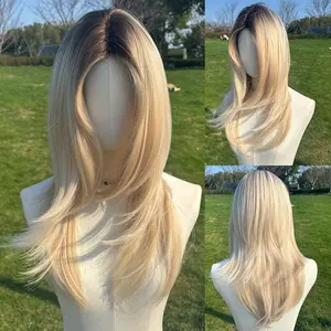 SMILCO/24Inch Ombre Brown Ash Blonde Long Straight Synthetic Wig/SM434