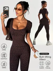 Daily Wear Leopard Print Jumpsuit, Square Neck Short Sleeve Slim Fit, Yoga Sport One-Piece, Above Ankle Length, Casual Style