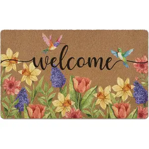 Spring Door Mat, Colorful Floral Birds Doormats, Flower Welcome Front Door Mat Indoor Outdoor Entrance, Rustic Botanical Artificial Coir Doormat Rugs for Patio Entry Kitchen Decor 30x17in