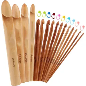 16 Pieces Wooden Crochet Hooks 3 to 30 mm Diameter Handle Knitting Crochet Needles with 10 pcs Knitting Stitch Markers for Handcraft Crocheting