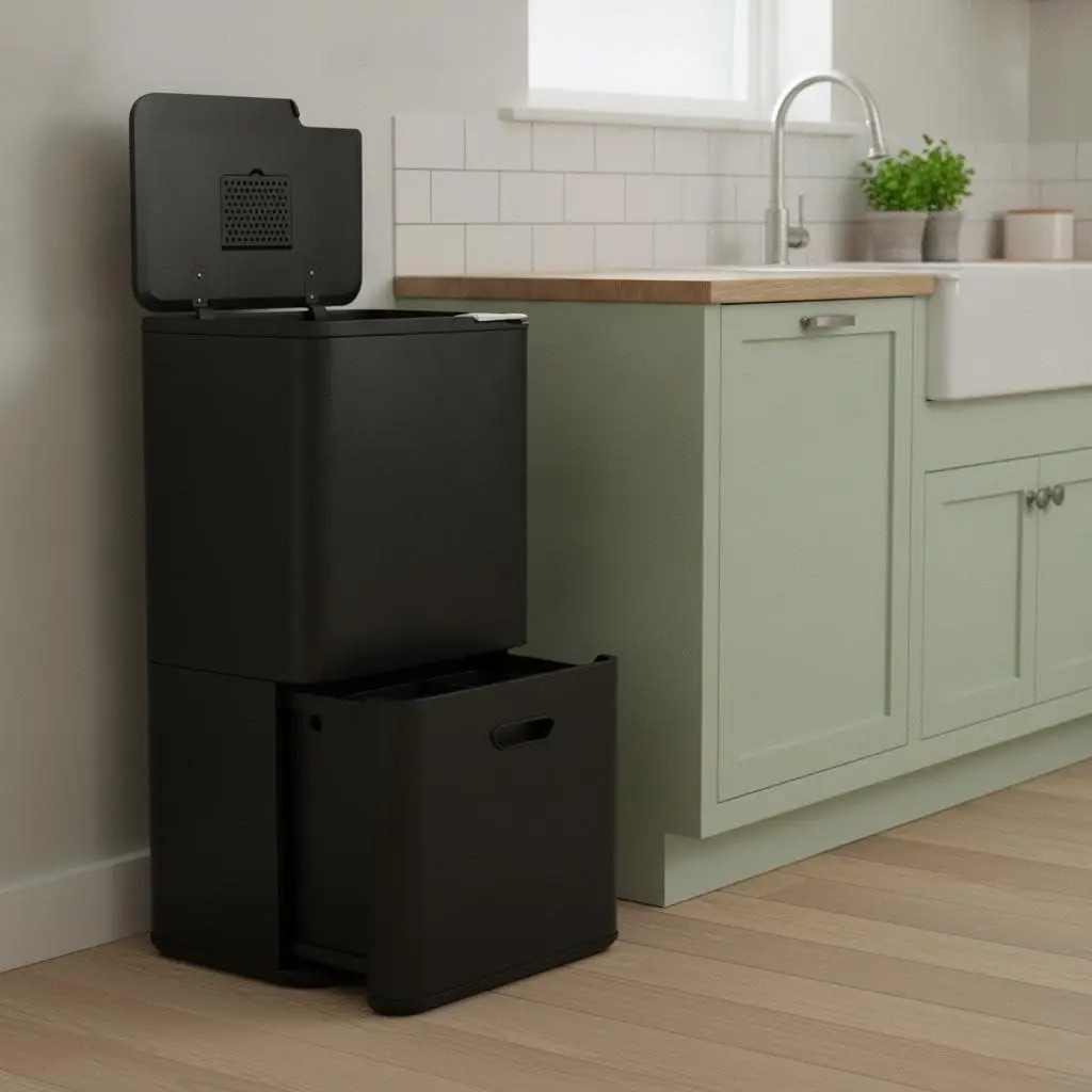 Garvee Kitchen Trash Can, Dual Compartment Garbage Recycling Bin Combo | 16 Gal (33L + 28L) Tall Garbage Can with Compost Caddy, Removable Inner Bucket, Odor Control, Stainless Steel, Black