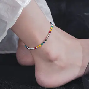 Niche high-end Korean handmade beaded rainbow anklet, elastic spring and summer, fresh, sweet, spicy and cute foot chain